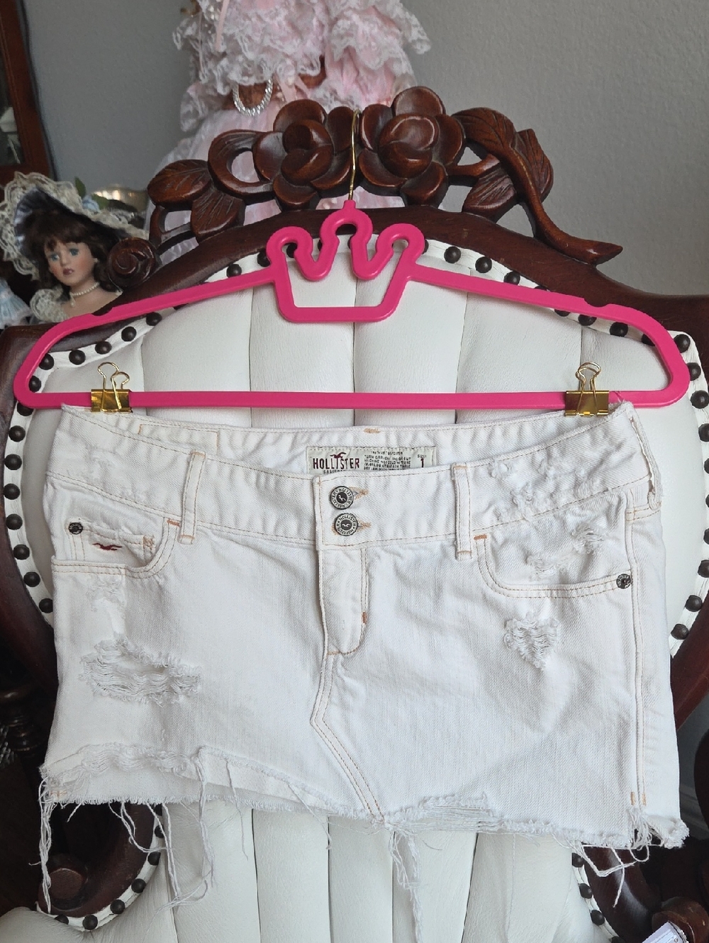 Vintage Y2k Hollister White Distressed Denim Mini Skirt with Frayed Hem